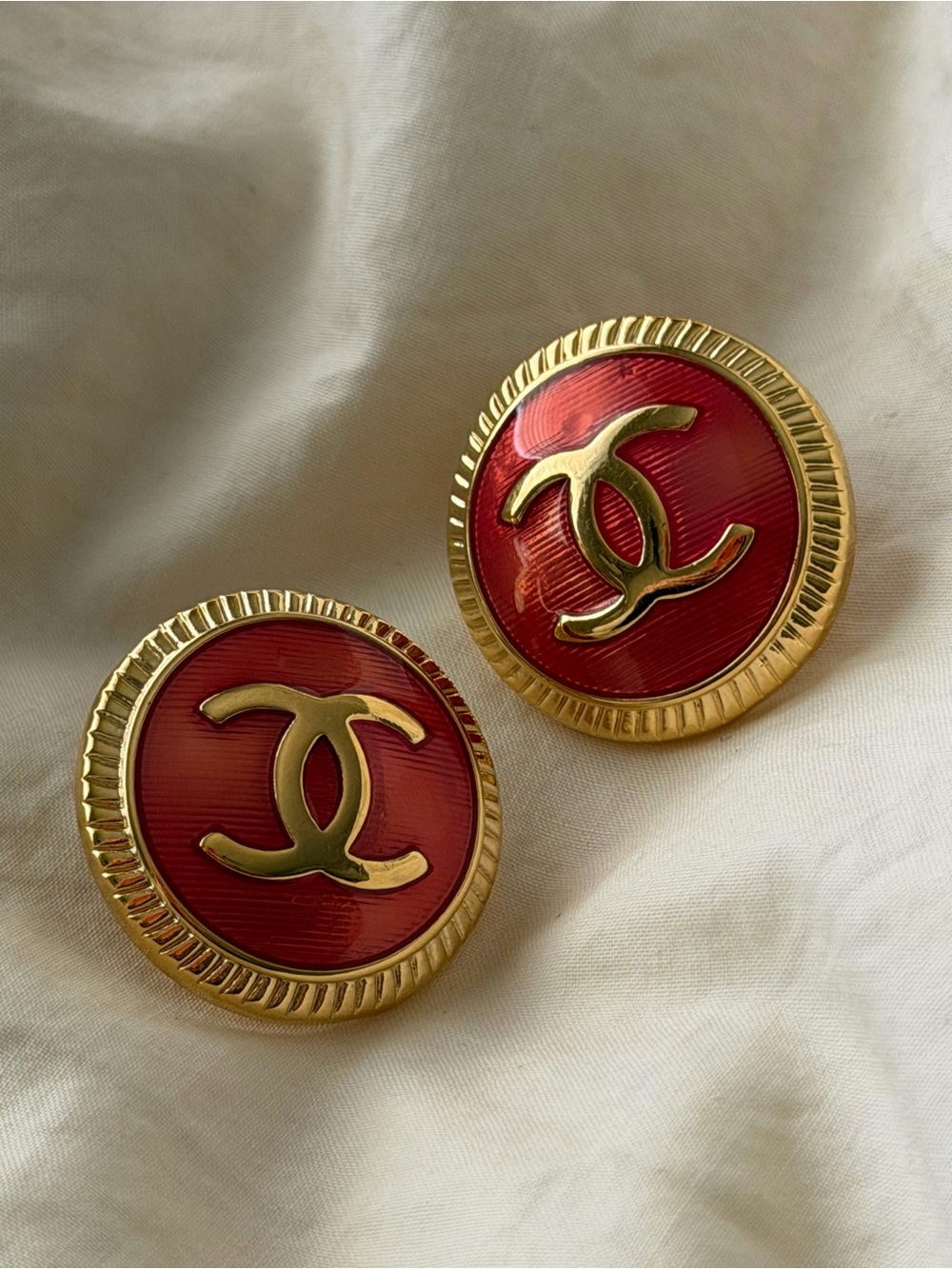 CHANEL Gold-Tone CC Pinkish Red Enamel Earrings - Picture 14 of 14